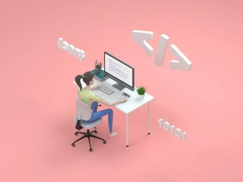Young professional female programmer is working at a computer. Isometric 3d Stock Illustration