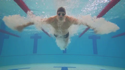 Young professional man swimmer jumping into the water and swims in the pool Stock Footage 123750529