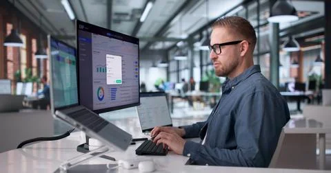 Young Professional Managing Cloud-Based Enterprise Software System On Laptop Foto stock