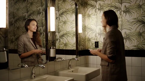 Young Professional Practices Speech In Mirror Of Restroom Stock Footage 97322005