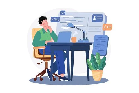 A young programmer coding on the laptop Stock Illustration