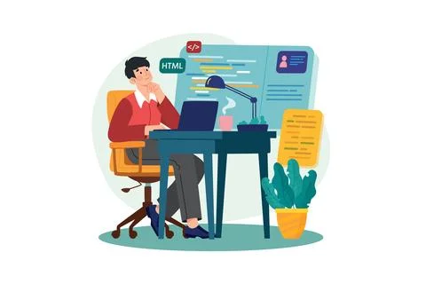 A Young Programmer Coding On The Laptop Illustrazione stock