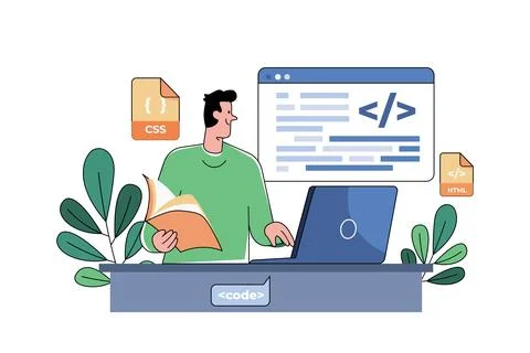 A Young Programmer Coding On The Laptop Illustrazione stock