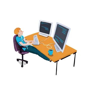 A young programmer at a desk writes code on two monitors Stock Illustration