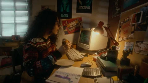 Young Programmer Eating Burger and Watching Running Code on Retro Computer Stock Footage 285993073