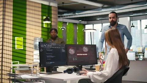 Young programmer requests help from IT experts for hacker intrusion 스톡 동영상 313166055