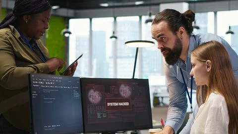 Young programmer requests help from IT experts for hacker intrusion Stockfoto's