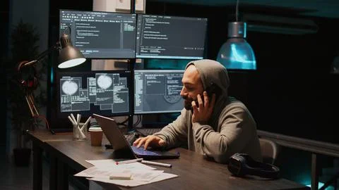 Young programmer talking on phone call in IT developing office Stock Photos