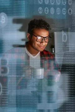 Young programmer thinking about ICO and coin success offering 写真素材