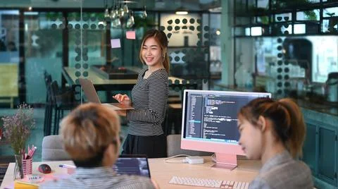 Young programmers or software developers team brainstorming, discussing on web 스톡 사진