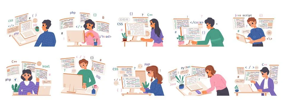 Young programmers study and work. Happy woman programmer, professional computer Stock-Illustration