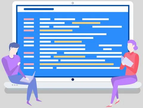 Young programmers working on computer with code. Students programming, coding Stock Illustration