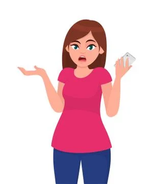 Young puzzled woman gesturing do not know and holding smart phone in hand. Stock Illustration