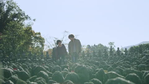 Young quiet couple walking through a Buddhist shrine and looking at the stone st Stock Footage 199458488