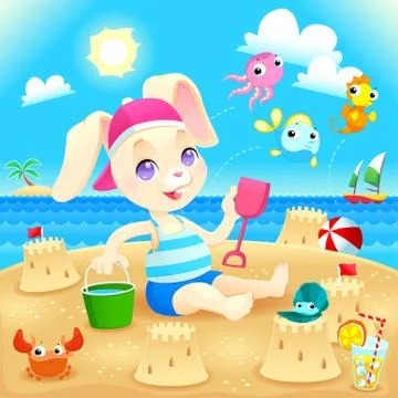 Young rabbit makes castles on the beach. Stock Illustration