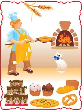 Young red haired baker with white cat next to fire place and set of different Stock Illustration
