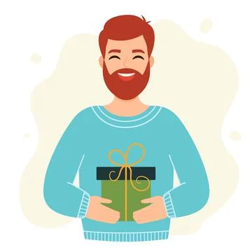 Young red-haired man holding a gift. Christmas design. Vector simple flat i.. Stock Illustration