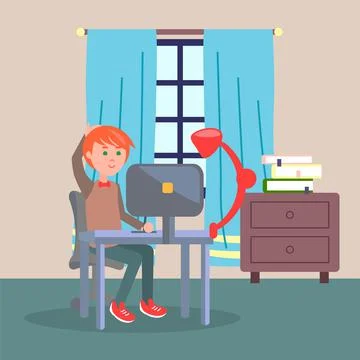 Young red-haired man working at computer at home near window, man playing games Stock Illustration