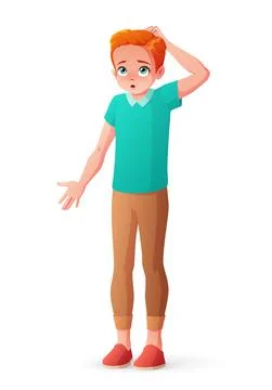 Young redhead boy scratching head shrugging shoulders. Isolated vector illust Stock Illustration