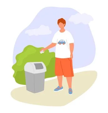 Young redhead boy throwing trash away outdoor. Eco-friendly child contributing Stock Illustration
