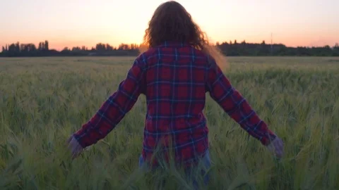 Young redhead female having fun in field during sunset Stock Footage 90083151