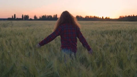 Young redhead female having fun in field during sunset Stock Footage 90083181