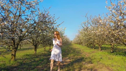 Young redhead female walking and having fun in blossoming cherry garden Stock Footage 106949933