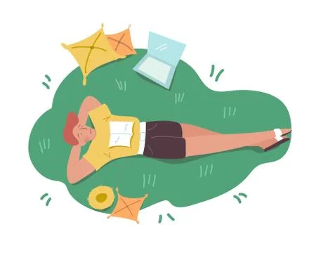 Young redhead freelance worker student lying on the green grass with a book,  Stock Illustration