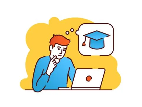 Young redheaded man sitting in front of a laptop and thinking about e-learnin Stock Illustration