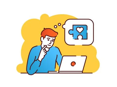Young redheaded man sitting in front of a laptop and thinking about volunteer Stock Illustration
