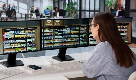 Young Retail Manager Uses Software On Computer To Organize Product Shelves Ef Stock Photos