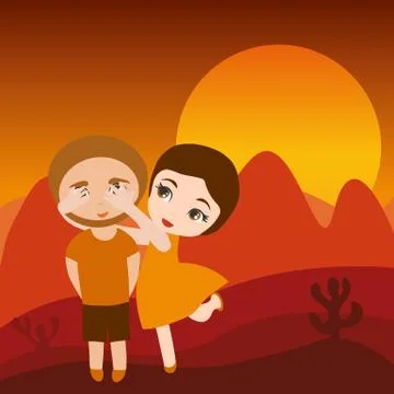 Young romantic couple in sunset arabic desert Stock Illustration