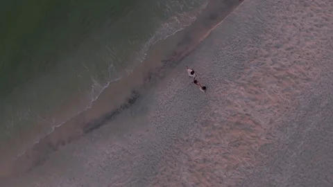 Young romantic couple walking on beach aerial Stock-Footage 74902122