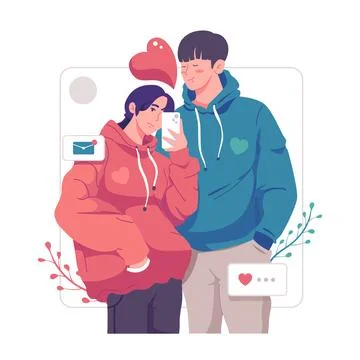 Young romantic lovers are taking selfie with happiness. Stock Illustration