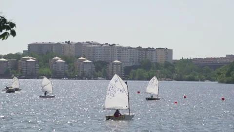 Young sailors navigating calm waters near urban skyline in optimist dinghy Stock Footage 295911518