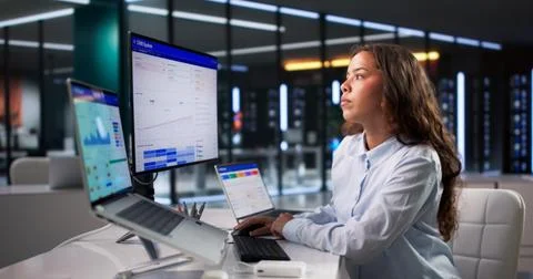 Young Sales Manager Using Laptop To Analyze Pipeline And Improve Client Engag Stock Photos