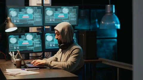 Young scammer trying to break database network 스톡 사진