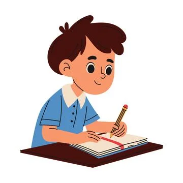 Young school boy doing homework at home desk. Education concept. Hand drawn.. Stock Illustration