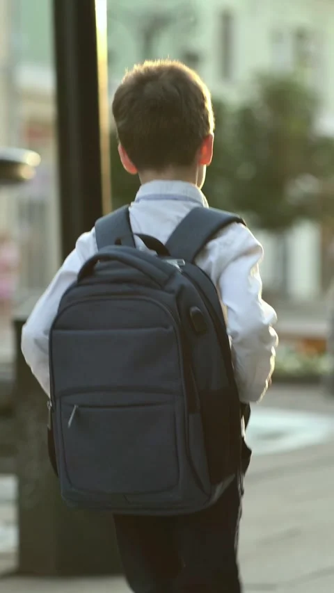 Young schoolboy with blue backpack walks down sunny city street to school. Stock Footage 341529889