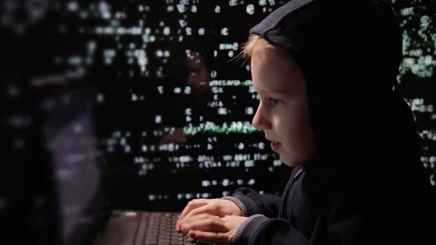 Young schoolboy prodigy - a hacker. Hacker at work. 스톡 동영상 74454969