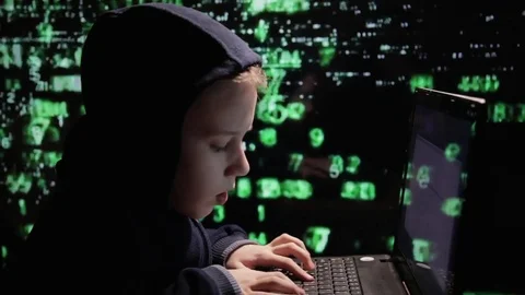 Young schoolboy prodigy - a hacker. Hacker at work. Stock Footage 74455120