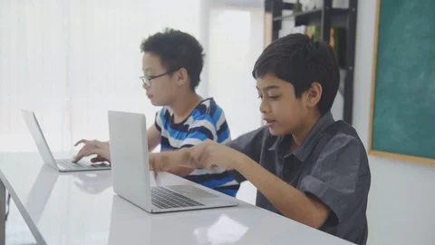 Young schoolboys studying with notebook computer Stock Footage 108373575