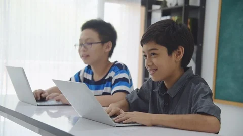 Young schoolboys studying with notebook computer Stock Footage 108373659