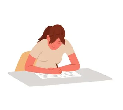 A young schoolgirl sits at the desk and writes an essay in her notebook. Stock Illustration