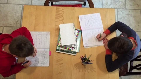 Young schools boys learning at home in the kitchen Stock Footage 128615345