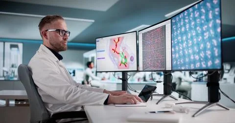 Young Scientist Analyzes Data On Multiple Screens In Busy Laboratory. Archite Foto stock