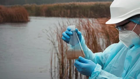 Young Scientist Biologist Analyzes Pollution Of Water And Soil, Man With Flask Stock Footage 219346797