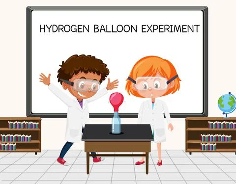 Young scientist doing hydrogen balloon experiment in front of a board in labo Stock Illustration