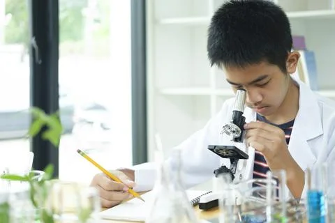 Young Scientist: Elementary Schoolboy Explores with Microscope Stock Photos