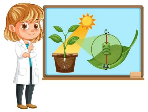 Young Scientist Explains Photosynthesis on Classroom Whiteboard Stock Illustration